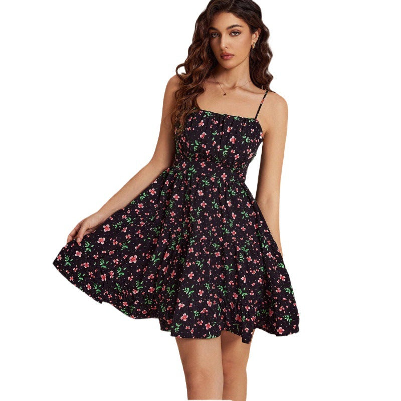 Unique Classy Elegant Floral Strap Smocking Dress