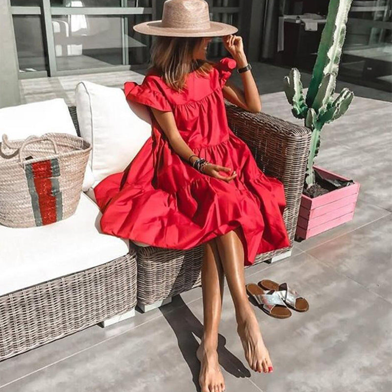 Women's Loose Pleated Short-sleeved Dress Solid Color Dresses