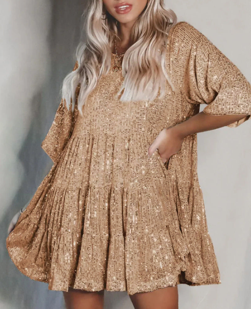Women's Spring Clothes High-grade Fashionable Sequins Round Neck Loose Waist Dresses