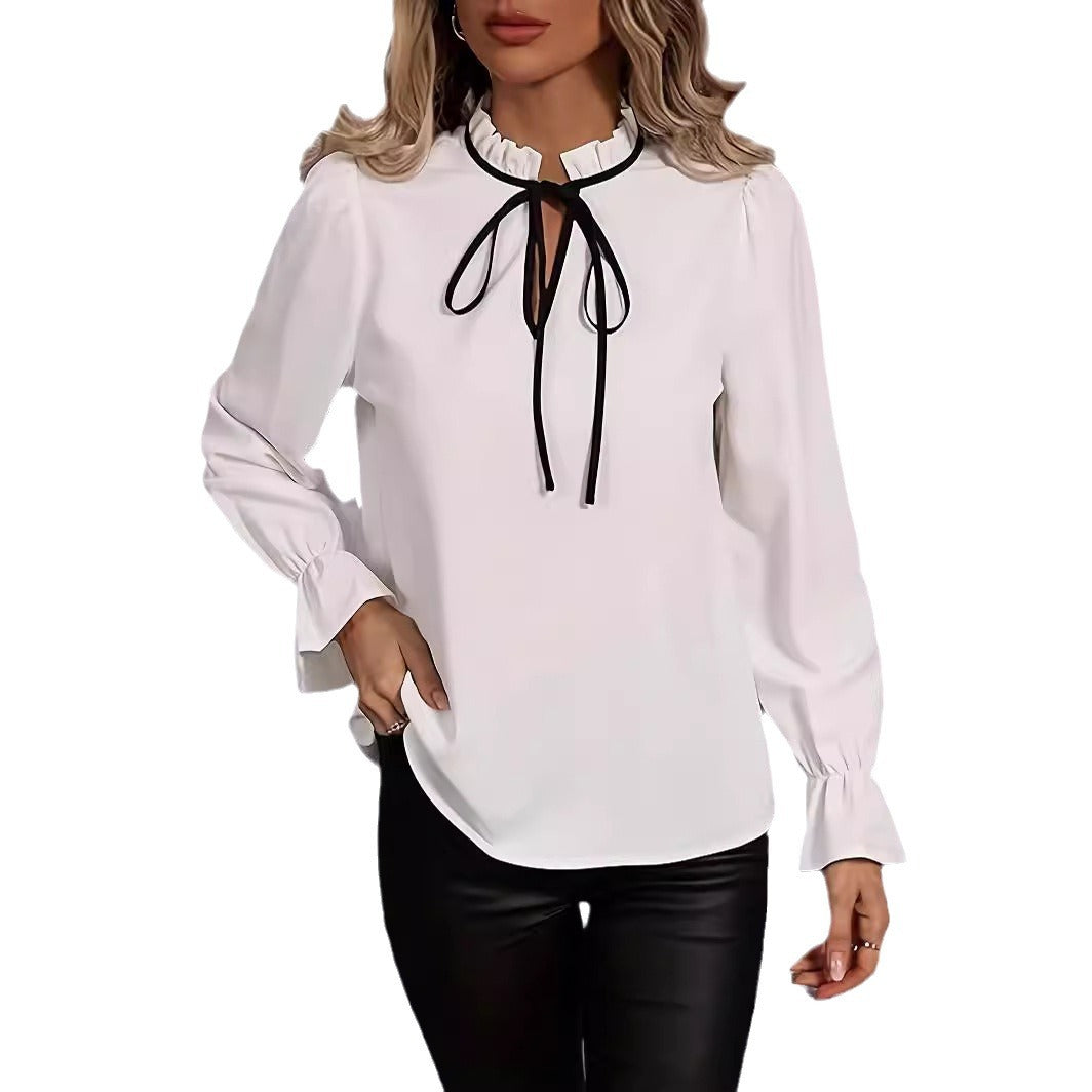 Women's Solid Trim Tie Long Ruffle Sleeve Blouses
