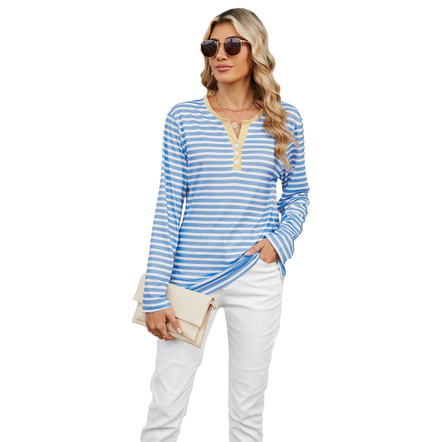 Women's Contrast Color Striped Loose Long Sleeve Blouses