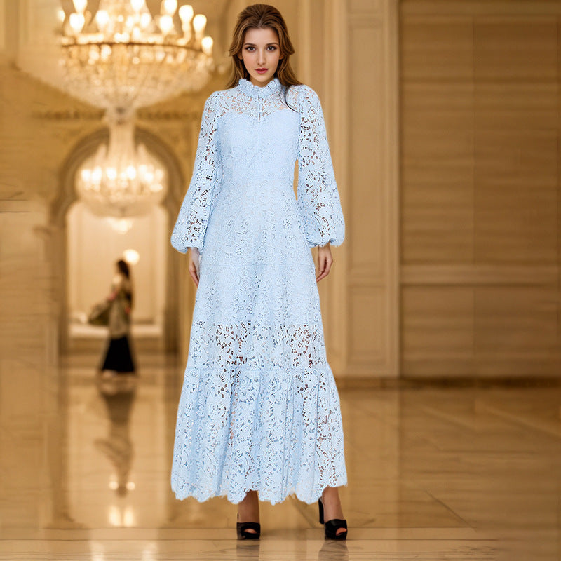 Women's Summer Seaside Vacation Long Dress Embroidered Stand Collar Dresses