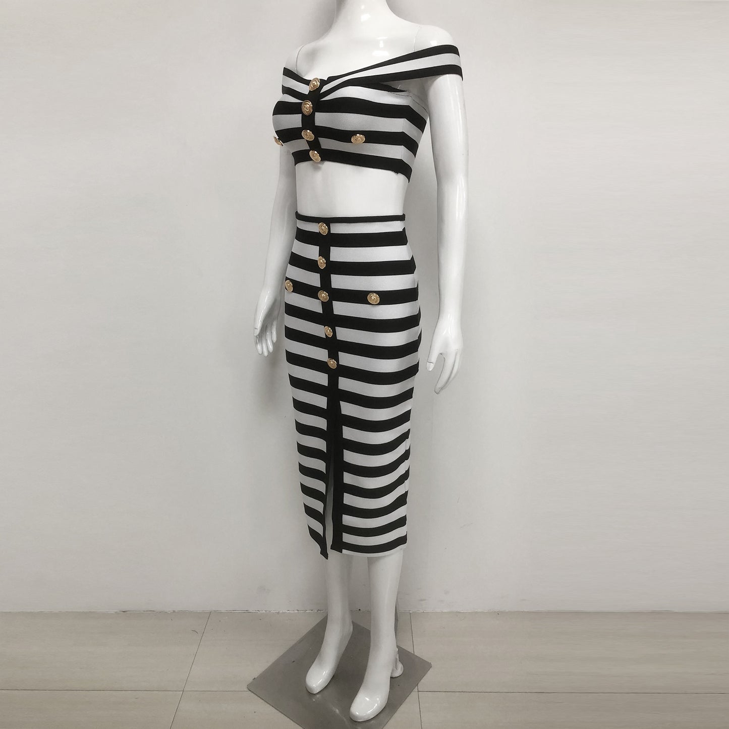 Women's Sexy Gold Buckle Black White Striped Dresses