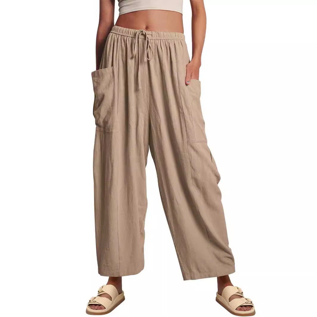 Elastic Waist Pleated Loose Casual Cotton Pants