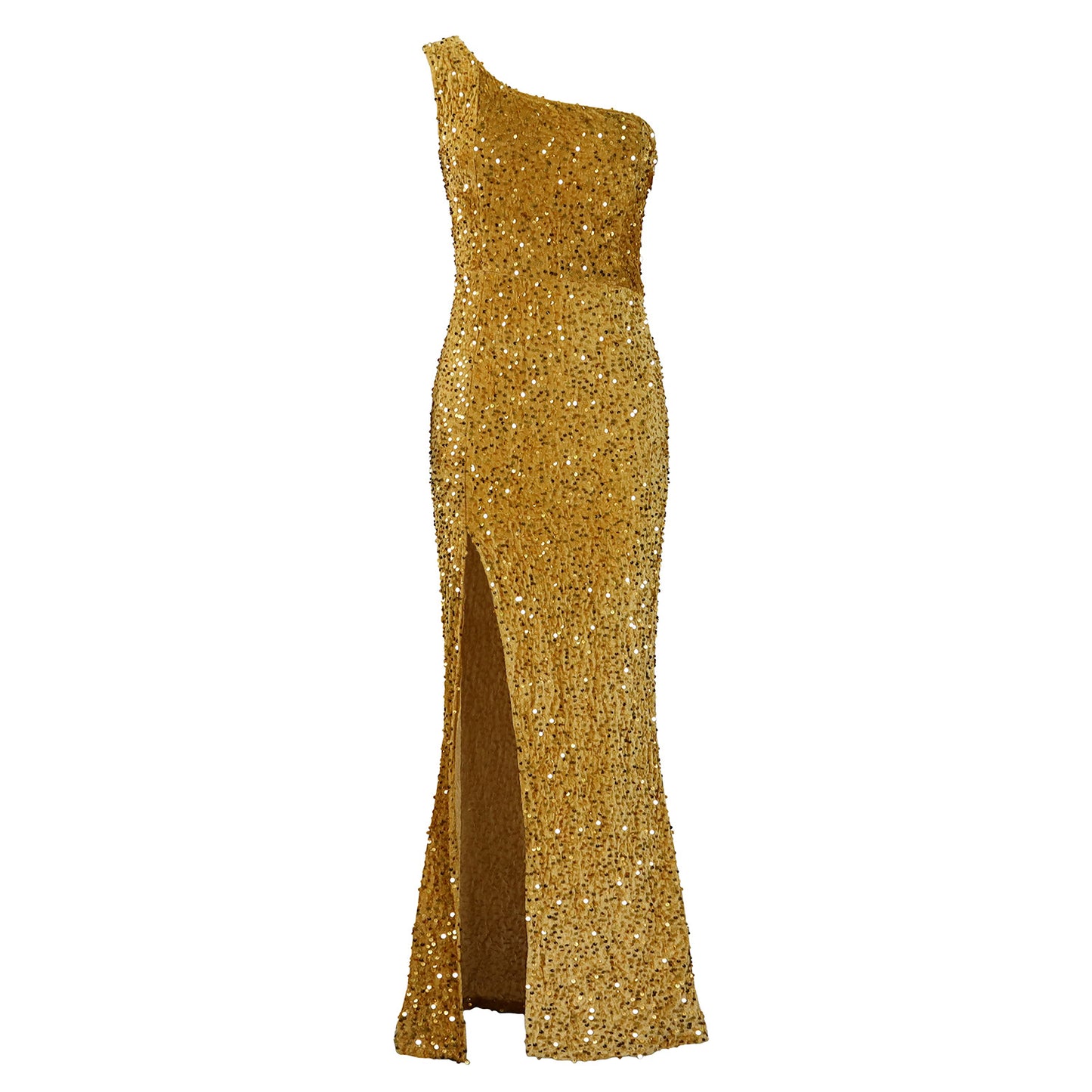 Women's Slant Shoulder Sexy Split Maxi Sequins Dress