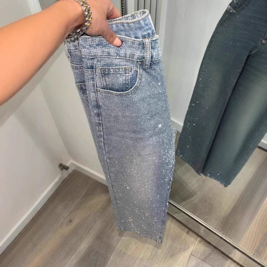 Women's Rhinestone High Waist Wash Spring Loose Jeans