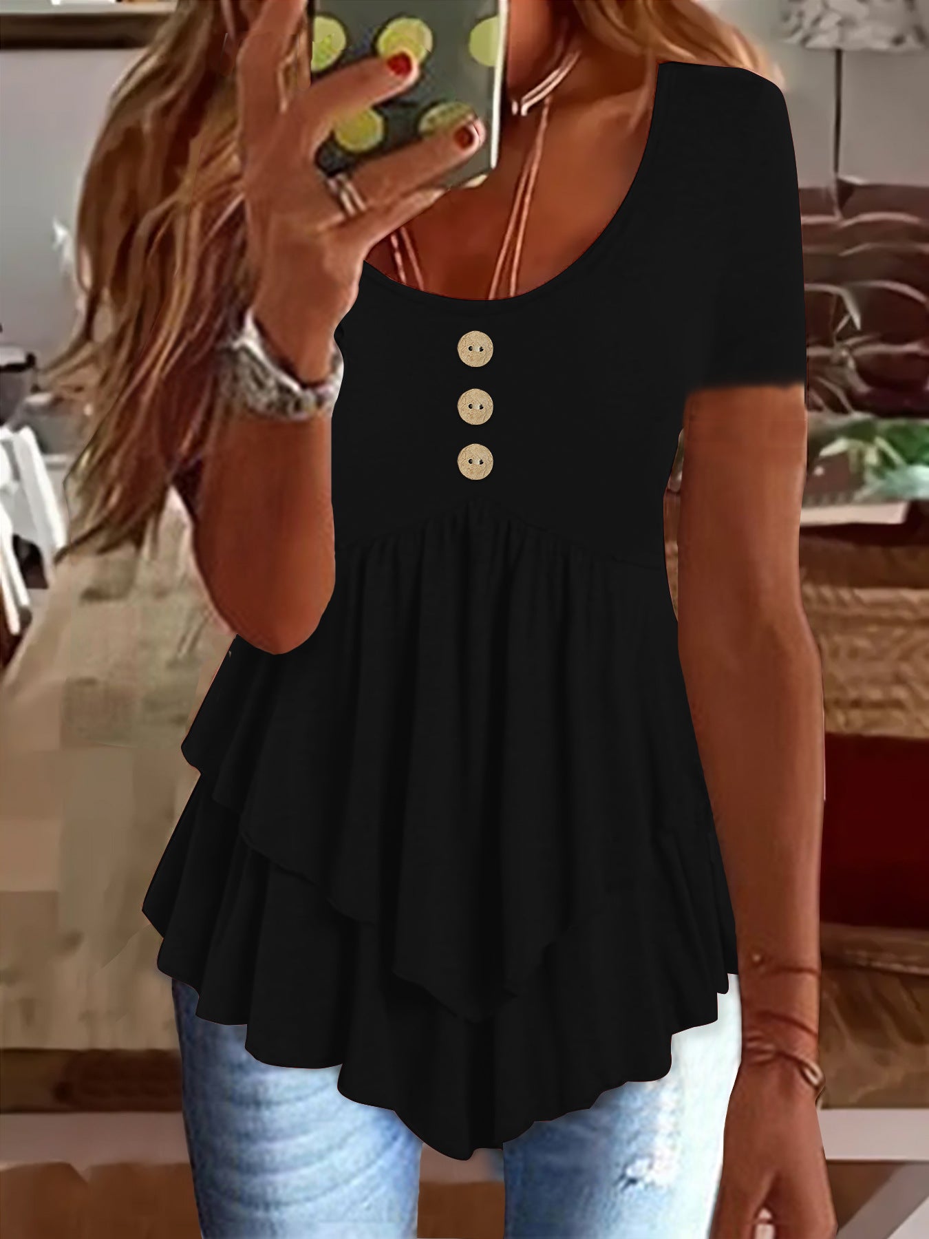 Women's Fashion Button Casual Solid Color Sleeve Blouses