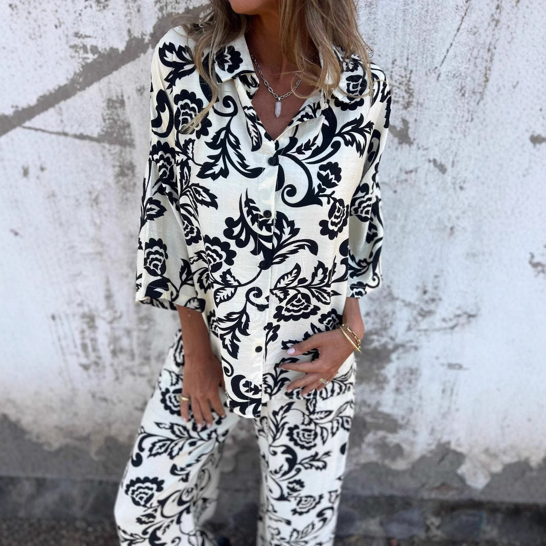 Women's Casual Ladies Printed Two-piece Shirt Trousers Suits