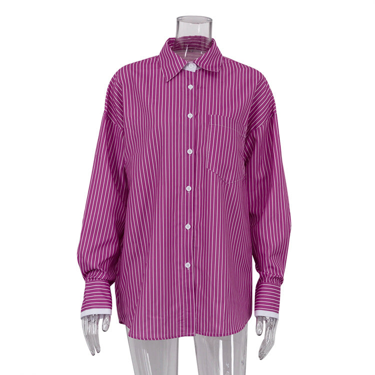 Women's Casual Contrast Color Striped Long-sleeved Shirt Blouses