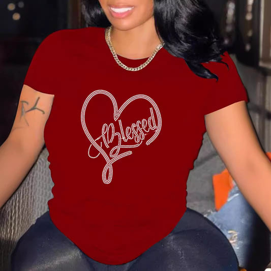 New Attractive Rhinestone Round Neck T-shirt Blouses