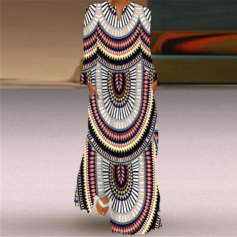 Women's Long Dress Sleeve Pocket Printed Loose Dresses