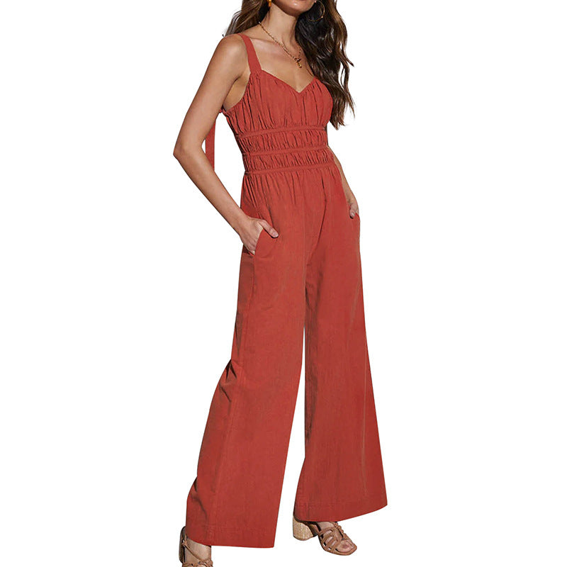 Summer Casual Spaghetti Strap Solid Color Jumpsuits