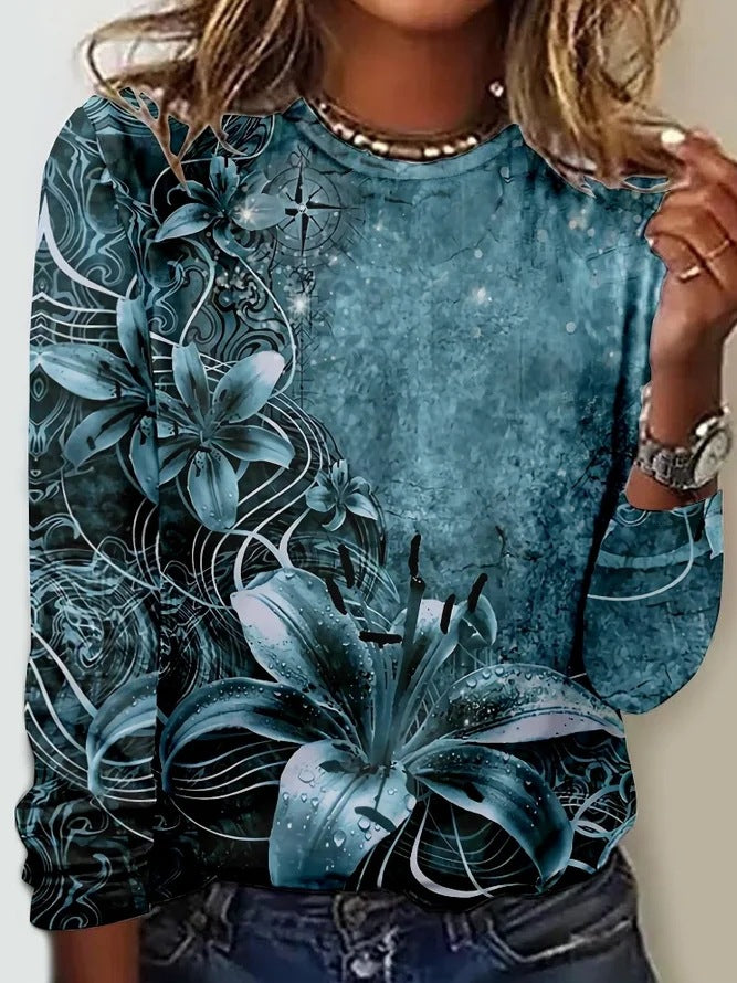 Women's Long Sleeve Printed Crew Neck T-shirt Blouses