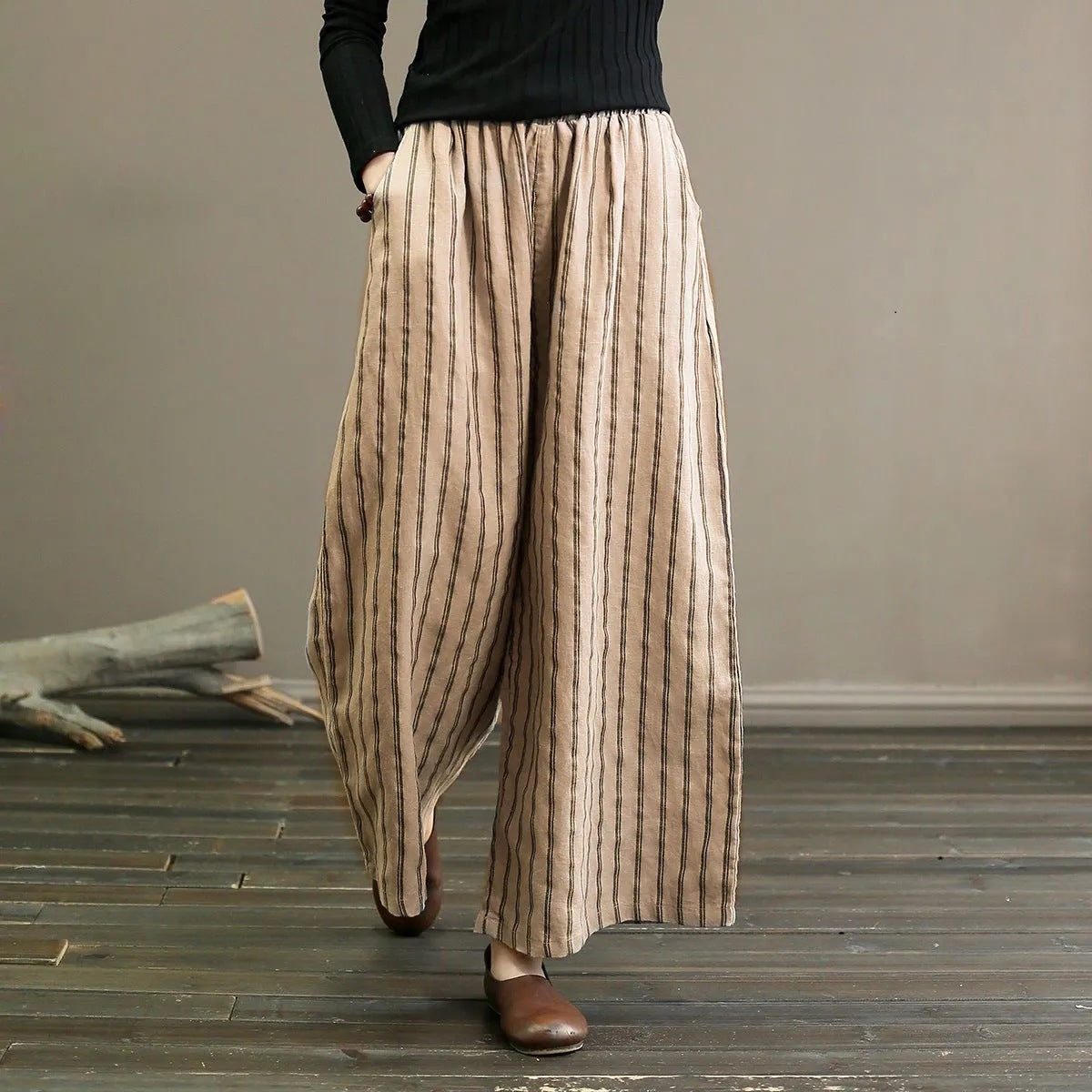 Women's Cotton Linen Stripes Summer Slimming Drape Casual Pants