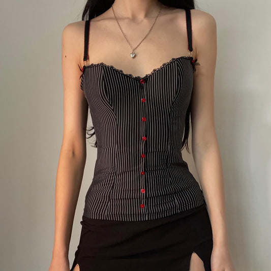 Striped Breasted Lace Strap Urban Hot Sexy Drawstring Tops