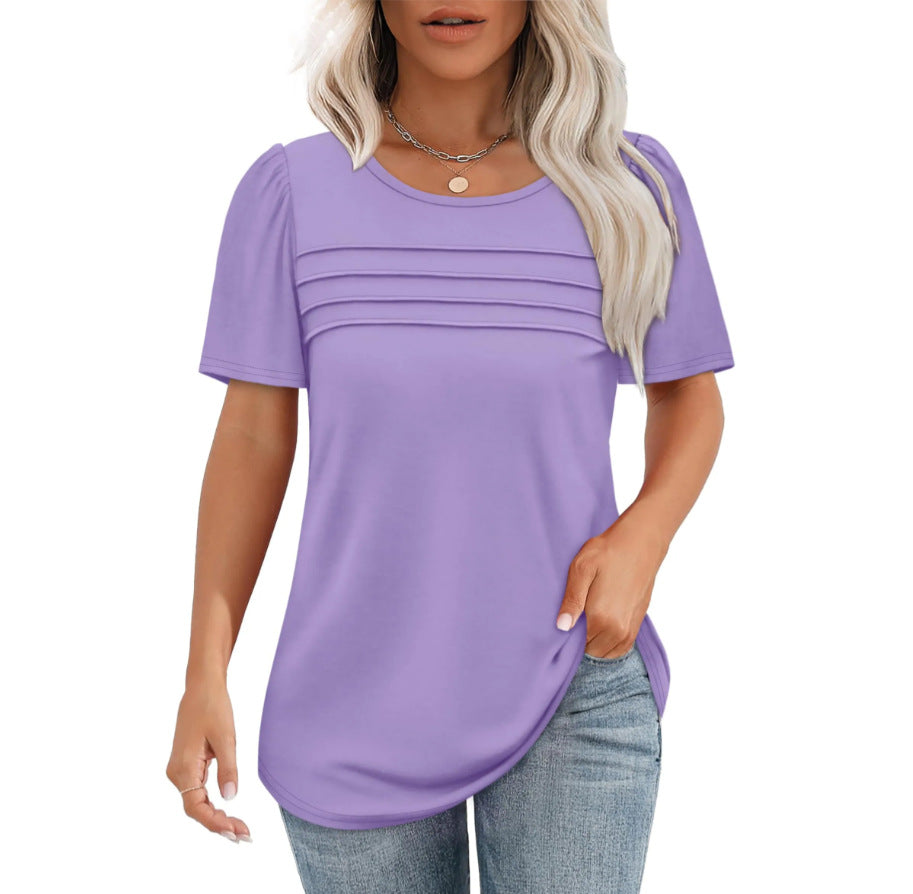 Women's Summer Round Neck Sleeve Chest Tuck Line Blouses