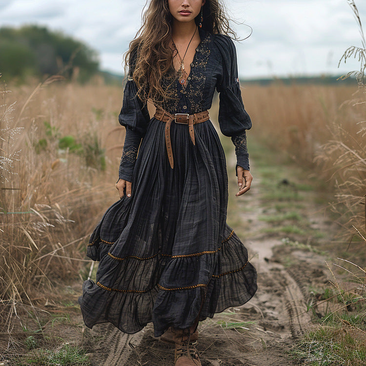Women's Retro Long-sleeved Dress Pastoral Style Casual Dresses