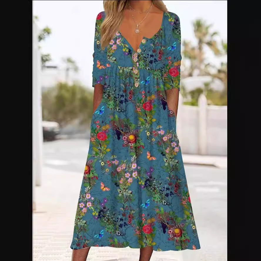 Women's Printed Pocket Clinch Long Dress Plus Size