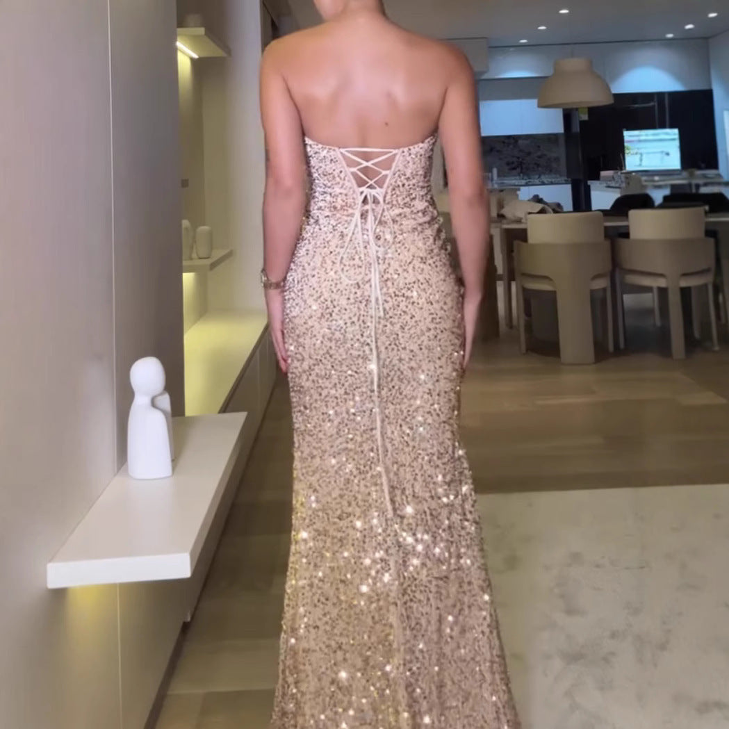 Sequin Back Lash Rope Bra Side Evening Dresses