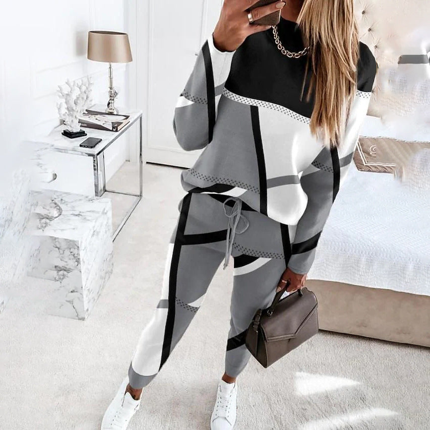 Women's Printing Color Contrast Long Sleeve Crew Suits