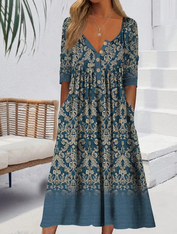 Women's Printed Pocket Clinch Long Dress Plus Size