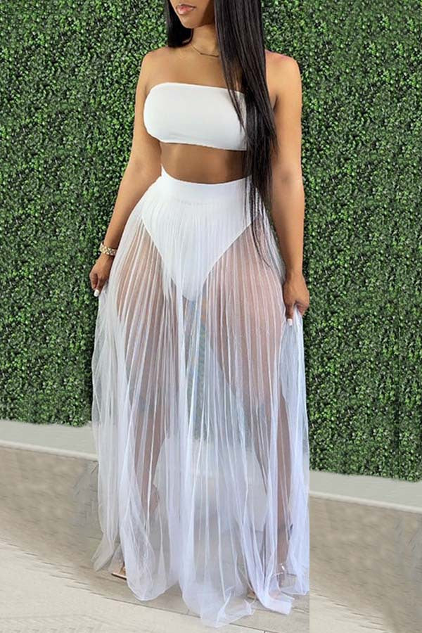 Women's Sexy Mesh Pleating Three-piece Dress Suits