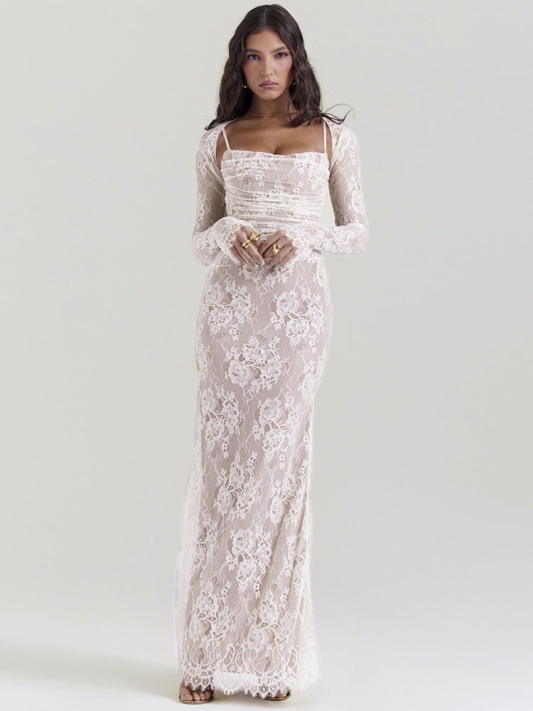 Sexy Long-sleeved Lace Suspender Pleated Flounce Evening Dresses