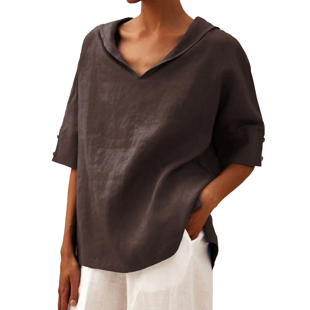 Women's Solid Color Cotton Linen Hoodie T-shirt Blouses
