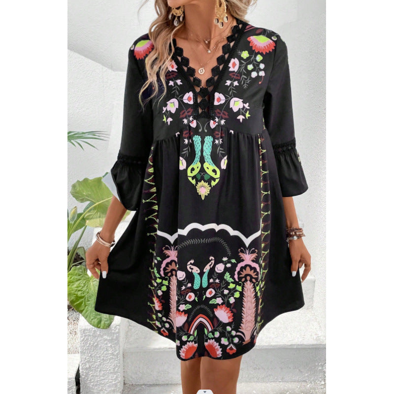 Women's Summer Lace Stitching Casual Printed Dress Dresses