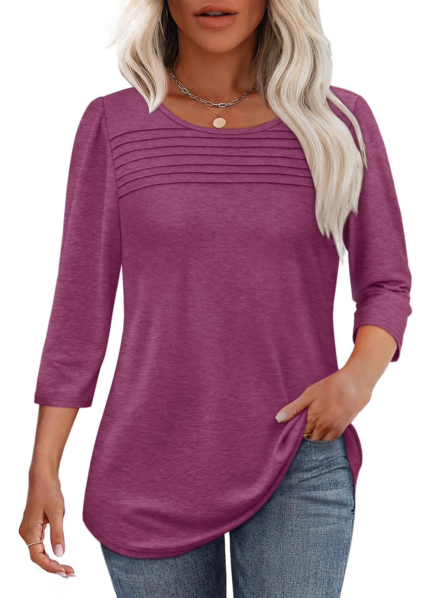 Women's Round Neck Sleeves Chest Tuck Line Blouses