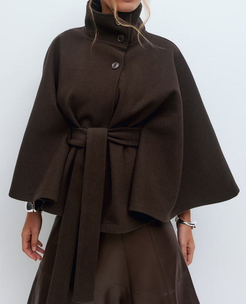 Women's Color Cloak Stand Collar Button Belt Coats