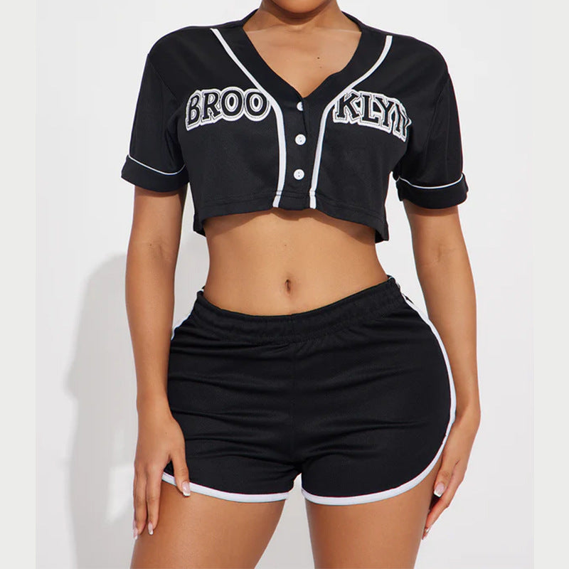 Women's Spring Sports Collar Button Elastic Waist Suits