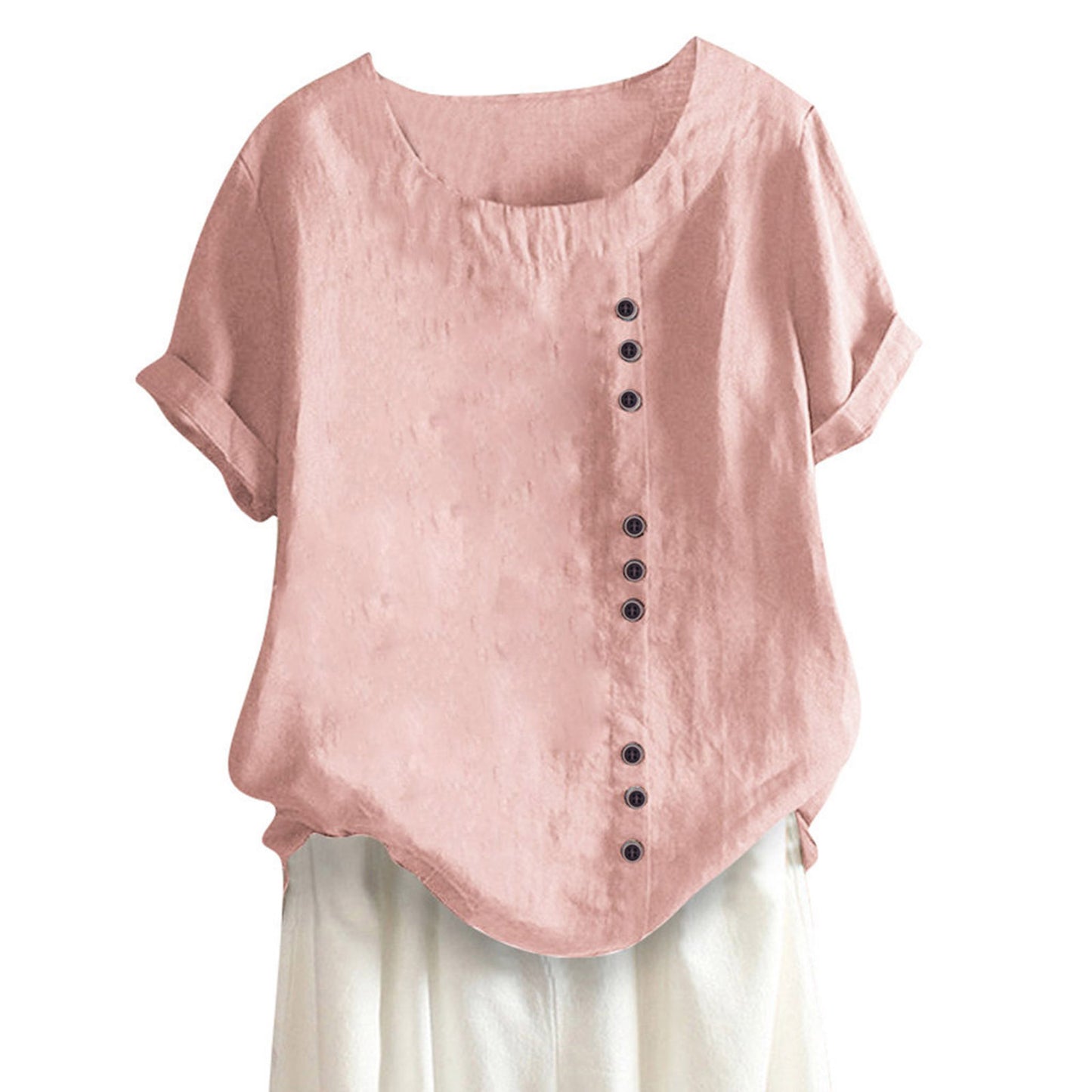 Women's Button Sleeve Casual Holiday Round Neck Regular Cotton Blouses