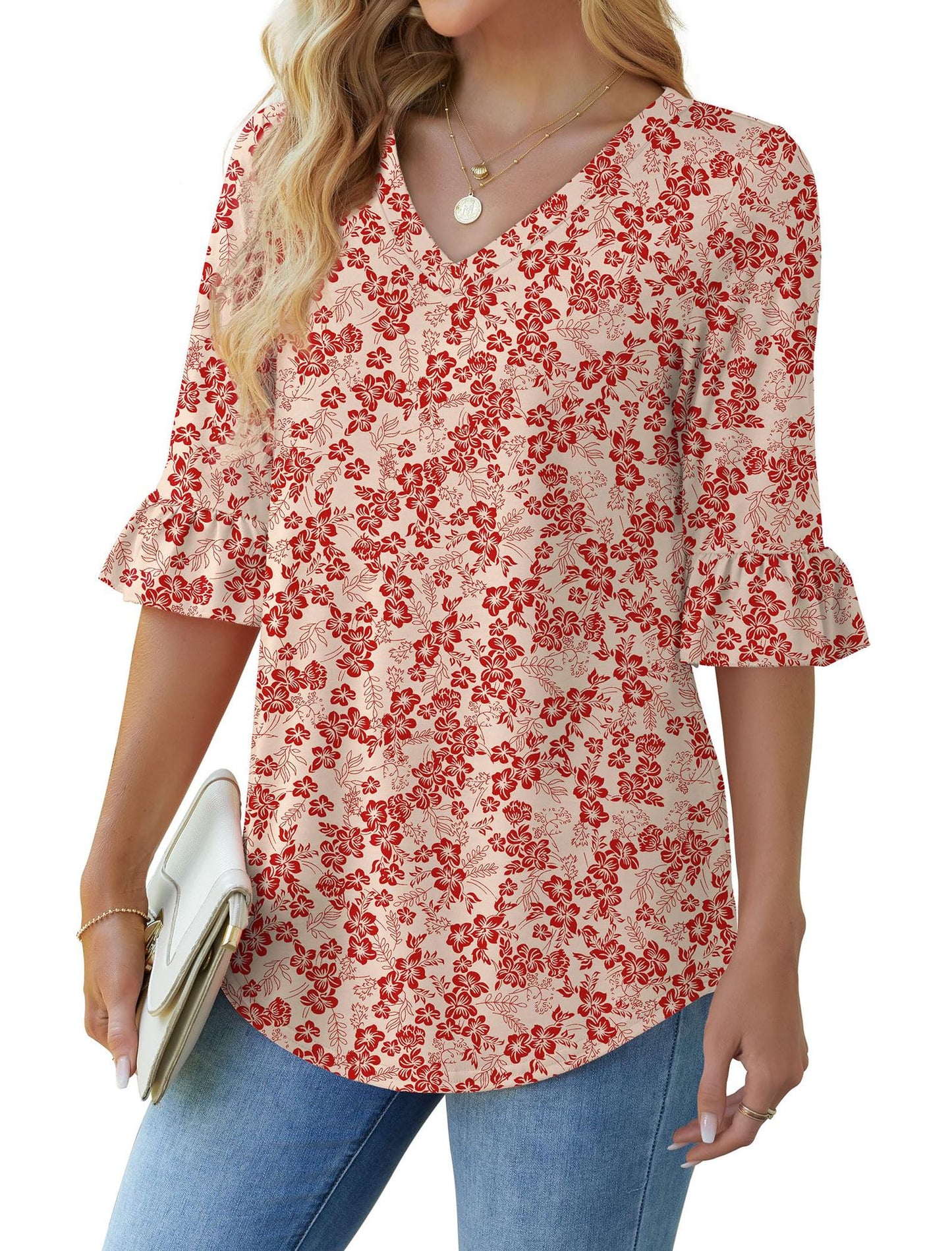 Printed Shirt Floral Flared Half Sleeve Blouses