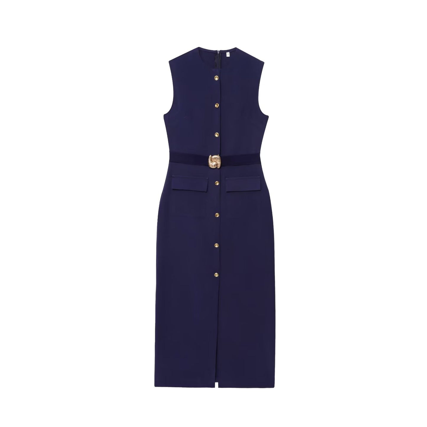 Spring With Belt Crepe Sleeveless Midi Dresses