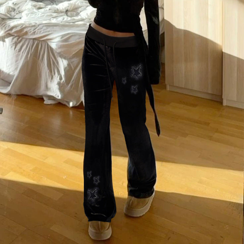 American Street Style Hot Rhinestone Rowan Waist Veet Casual Pants