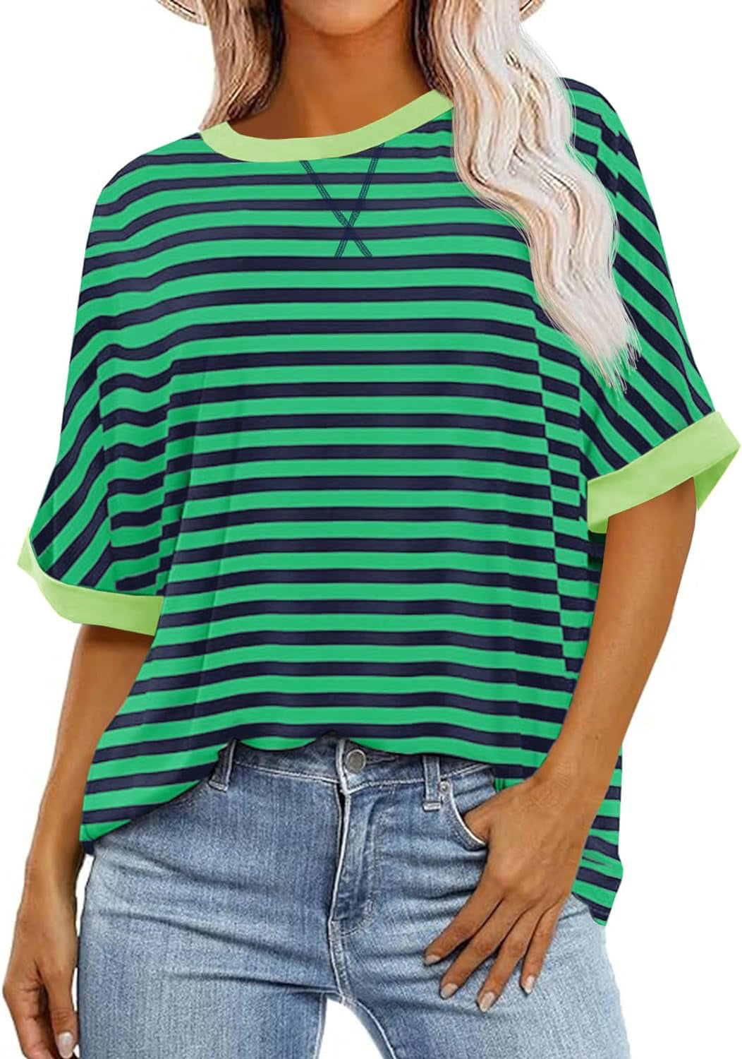 Women's Summer Casual Striped Crew Neck Trendy Blouses