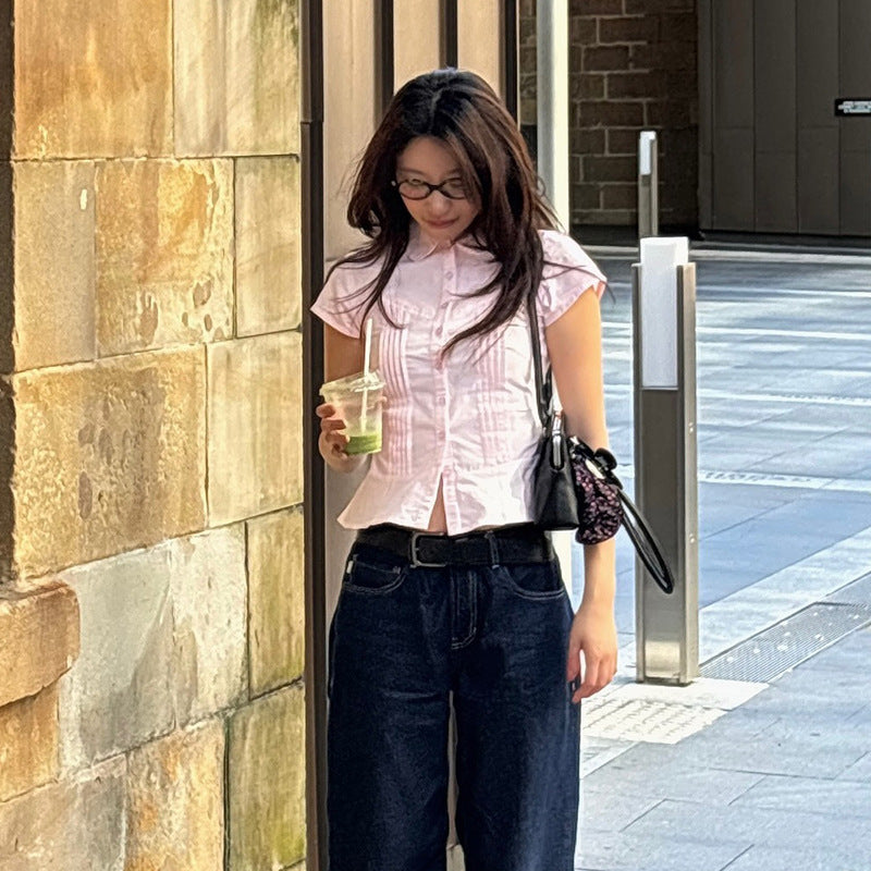 Women's Organ Pleated Solid Color Collar Short-sleeved Blouses
