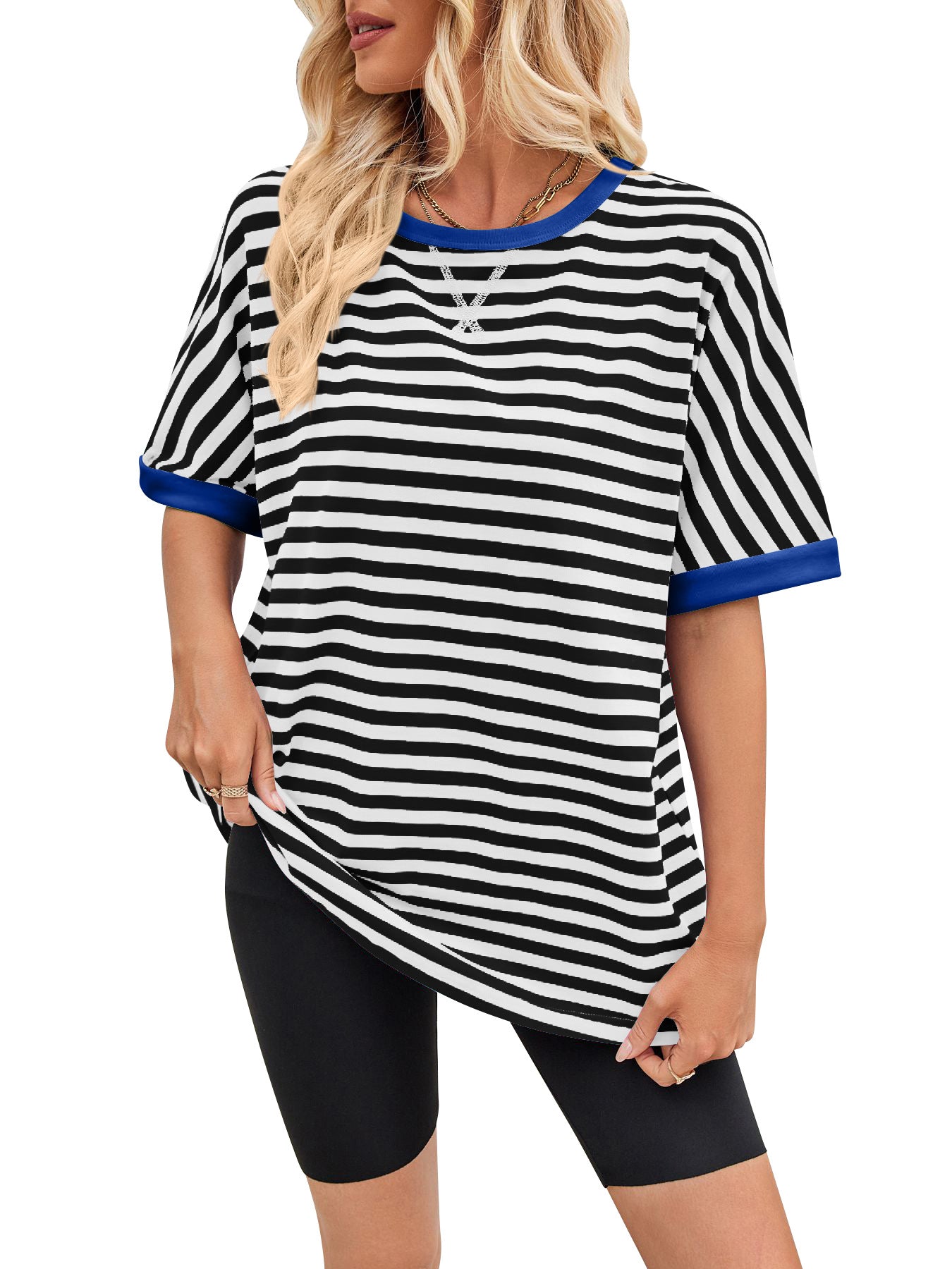 Women's Summer Casual Striped Crew Neck Trendy Blouses