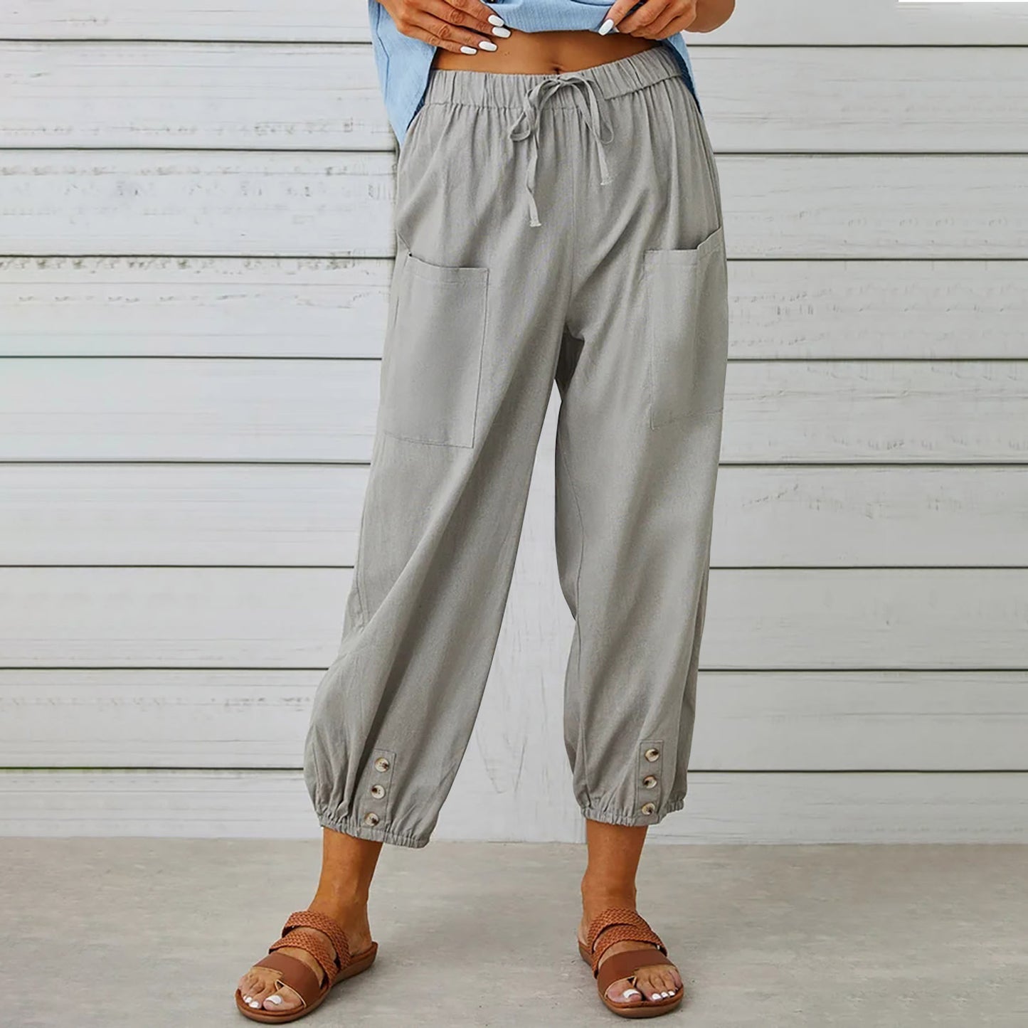 Women's High Waist Button Cotton Linen Trousers Pants