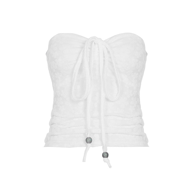 Jacquard Lace Stitching Tube Pleated Tie Tops