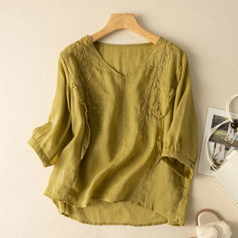 Summer Embroidered Cotton Linen Loose Temperament Artistic Retro Cropped Tops
