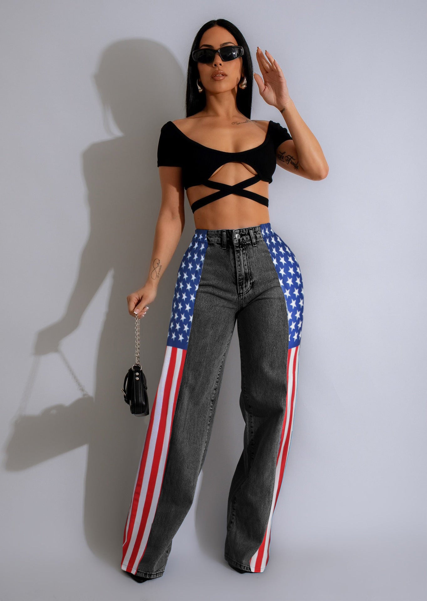 Women's Fashion Flag Print Stretchy Denim Trousers Casual High Jeans