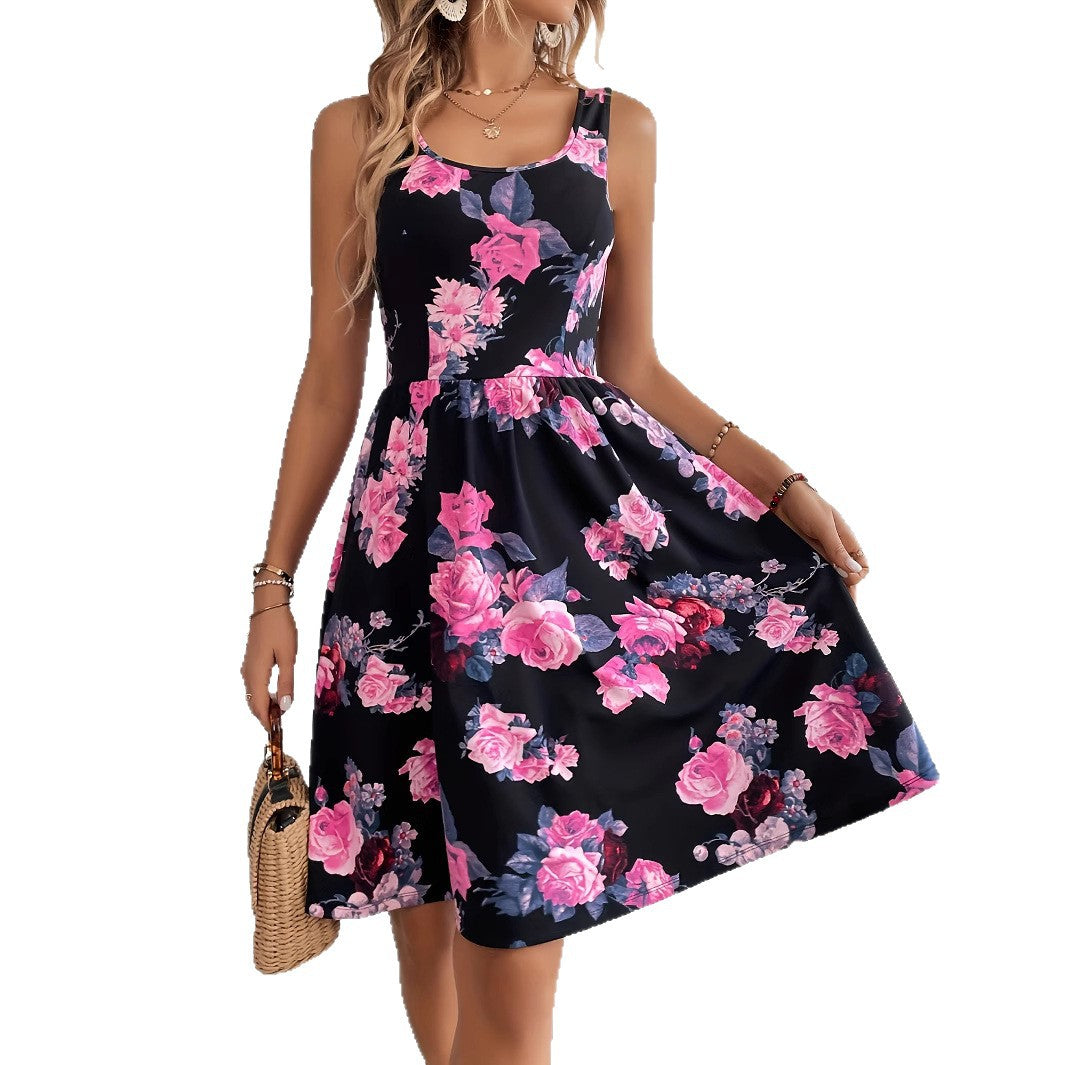 Women's Crew Neck Casual Printed Sleeveless Dress