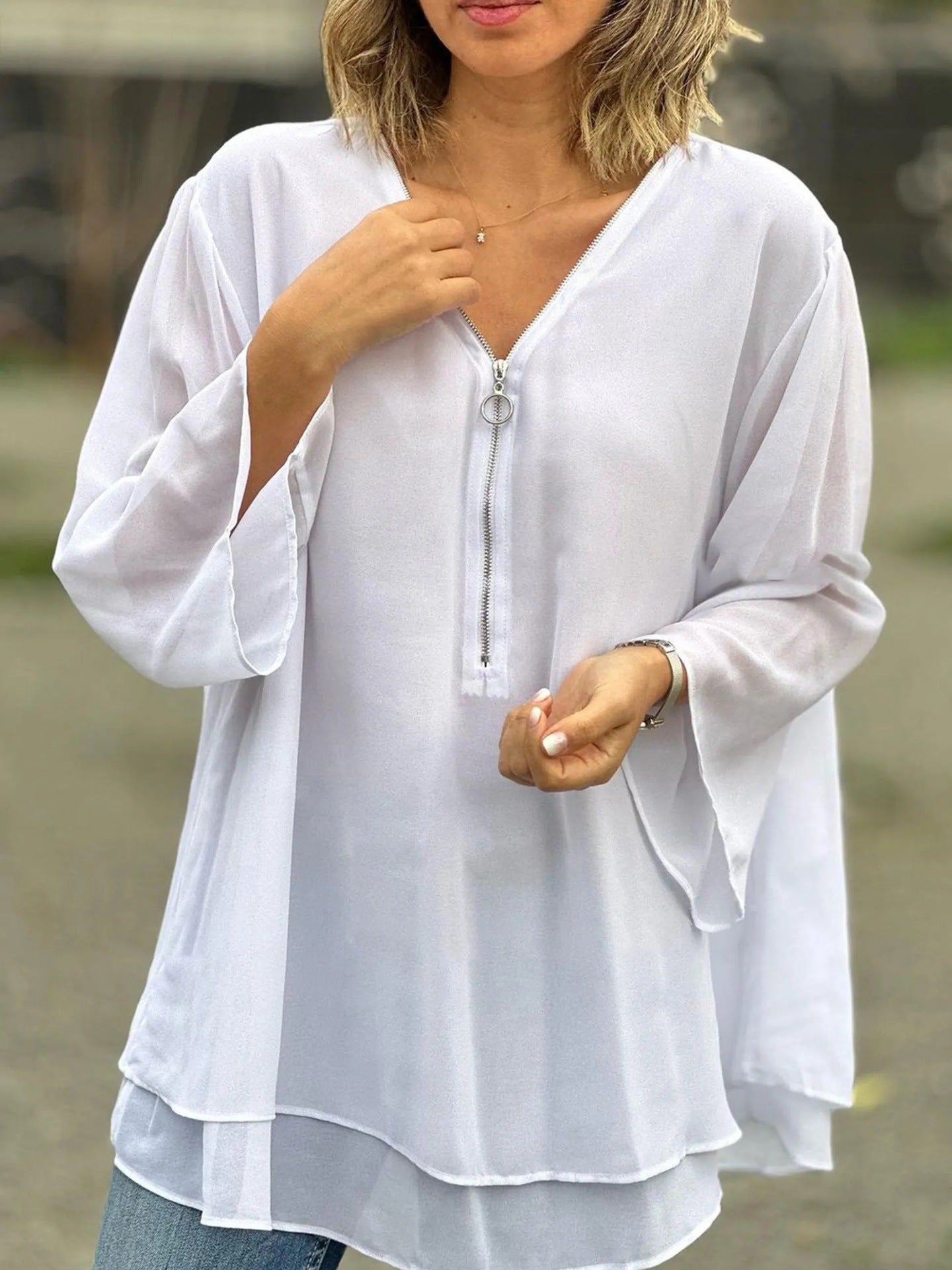 Sleeves Casual Chiffon Metal Zipper Loose Tops