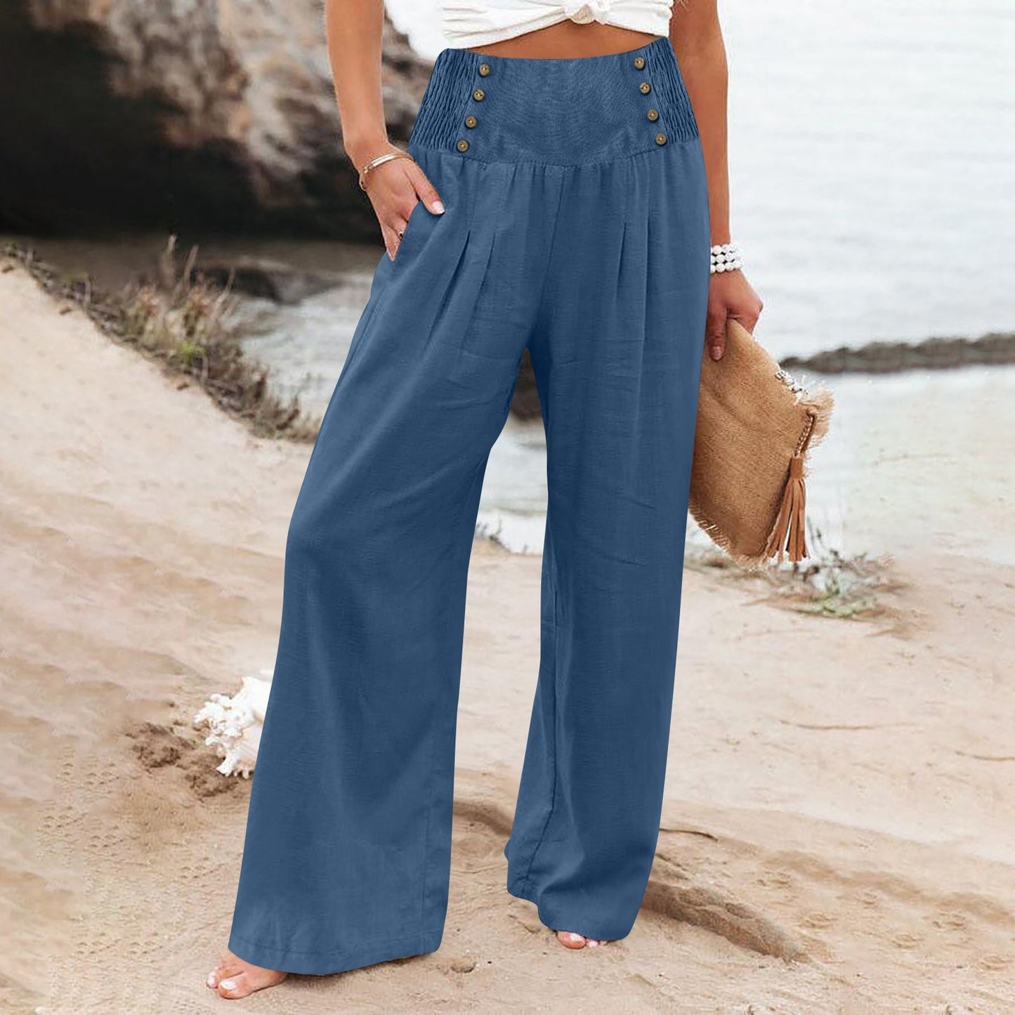 Women's Elastic Waist High Wide Leg Cotton Pants