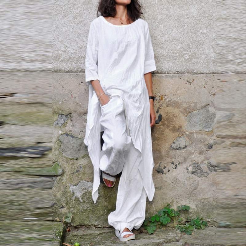Irregular Hem Round Collar Cotton Linen Suits