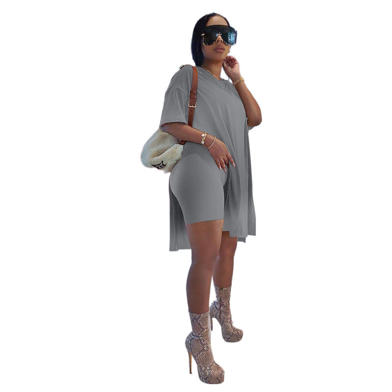 Summer Short-sleeved Solid Color Mid-length Split Suits