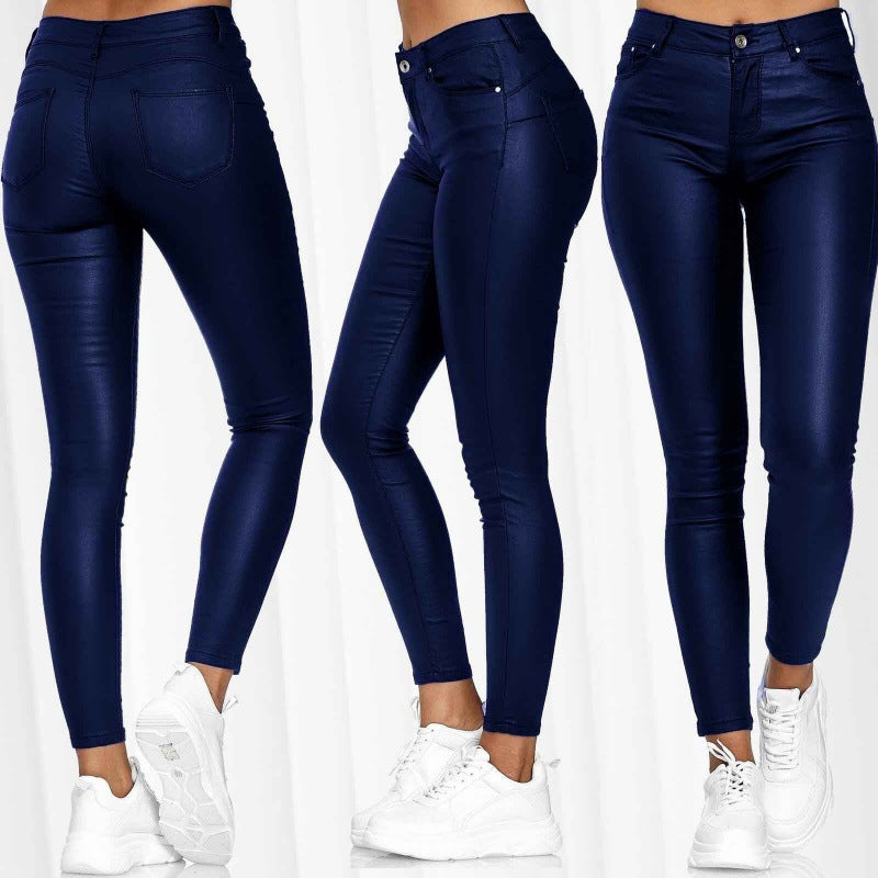 Women's Spring Solid Color Leather Casual Skinny Pants
