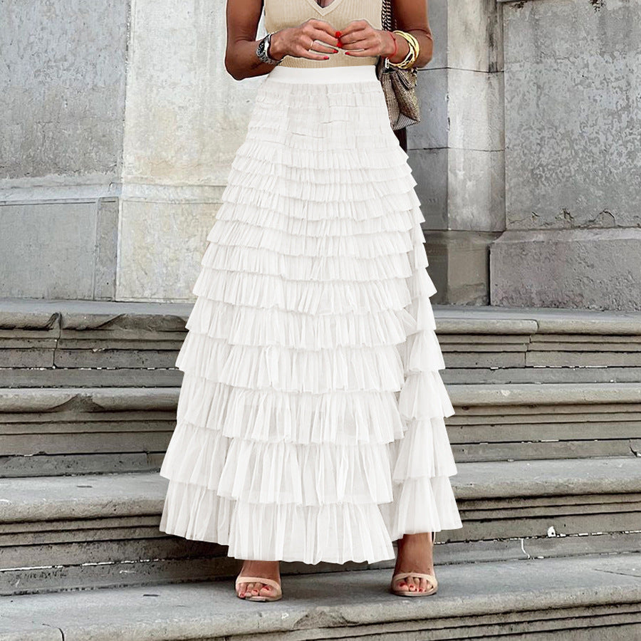 Women's Solid Color High Waist Mesh A- Line Skirts